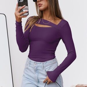 New Anrabess Women's Purple Long Sleeve Cutout Top